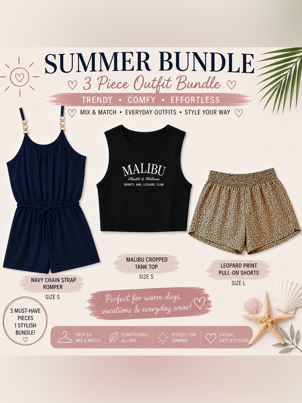 Summer Outfit Bundle Romper Tank Shorts | Navy Leopard Casual S